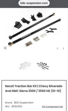 121407 BDS Recoil Traction Bar Kit 2500 3500 Chevy Gmc Sierra