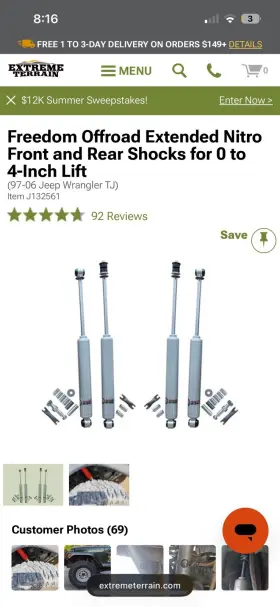 FO-SH301 FREEDOM OFFROAD Shocks Lift Jeep Cherokee Wrangler